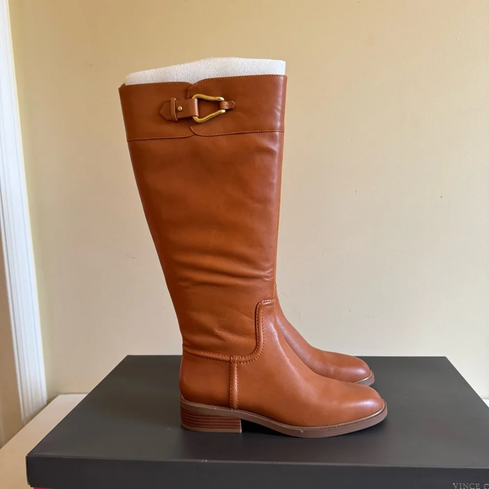 Vince Camuto Boots ANDALIAN Wide Calf Leather Riding Golden Walnut NEW